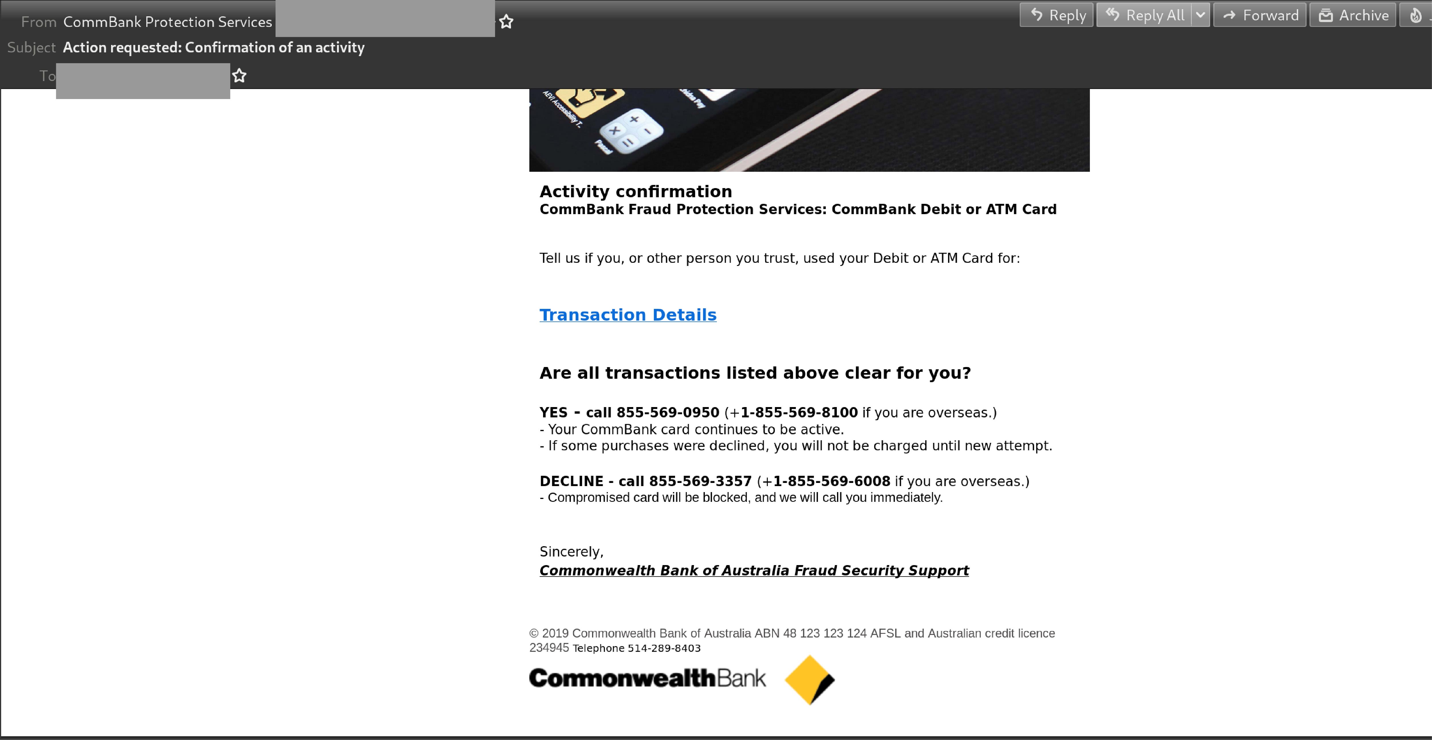 Commonwealth Bank impersonated in phishing scam; email asks users to